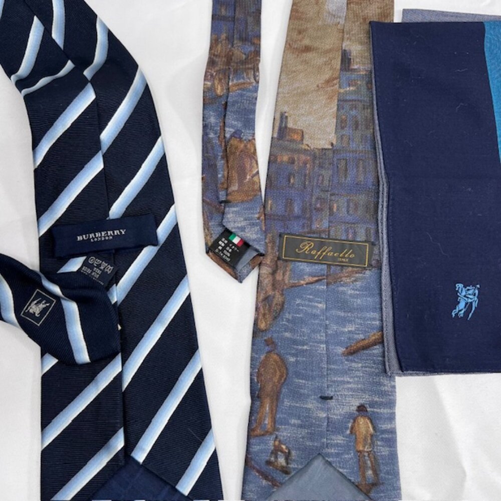 Set: 2 Neckties Burberry Blue  & Raffaello  Italy +1 Burberry  Handkerchief (54 - Picture 7 of 16